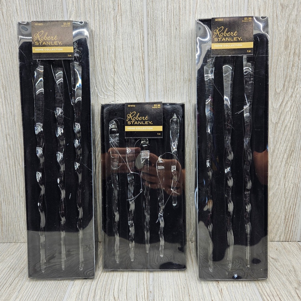 Robert Stanley Glass Icicle Christmas Ornaments Clear Twisted 11pc Set New Boxed